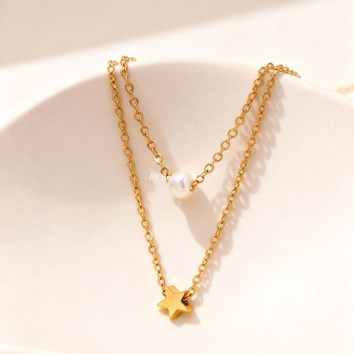 D관 - 스테인리스 스틸 18K 도금 별 진주 더블 레이어 목걸이 [P001] 25.12-1