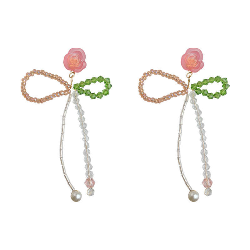 C관 - 글래스 크리스탈 리본 태슬 장미 비즈 귀걸이 [5578] 25.02-3