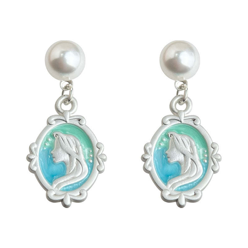 C관 - 민트 그린 타원형 초상화 진주 은침 귀걸이 [5574] 25.02-3