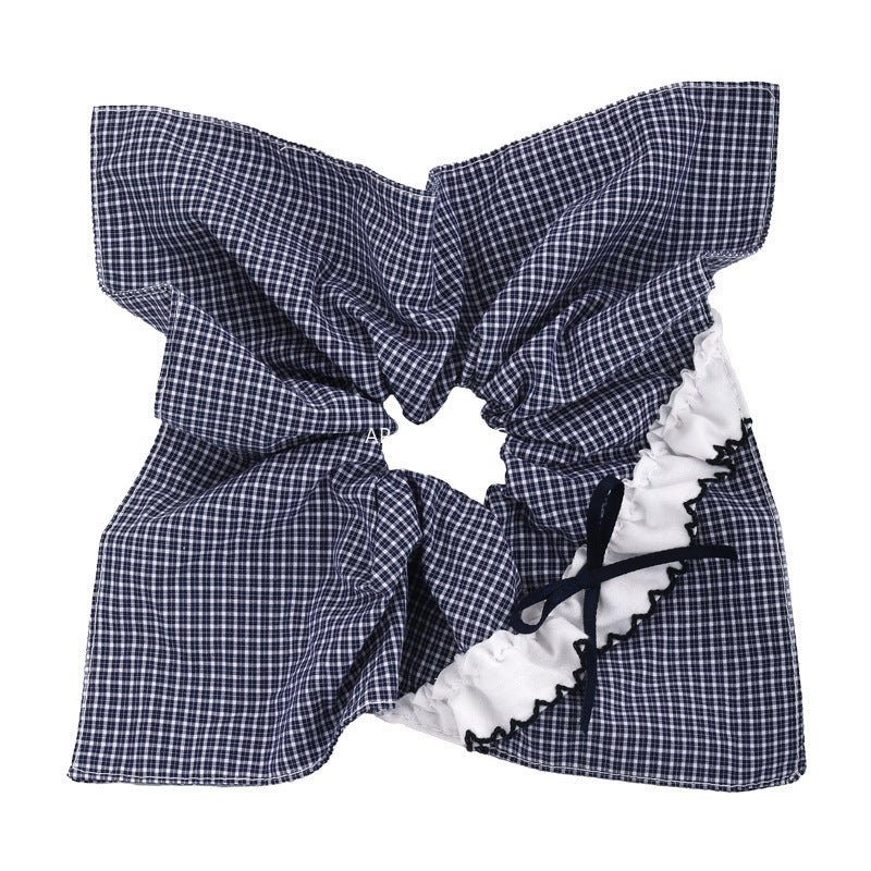 E관 - 블루 체크 패브릭 레이스 리본 곱창 헤어밴드 [26462] 25.10-2