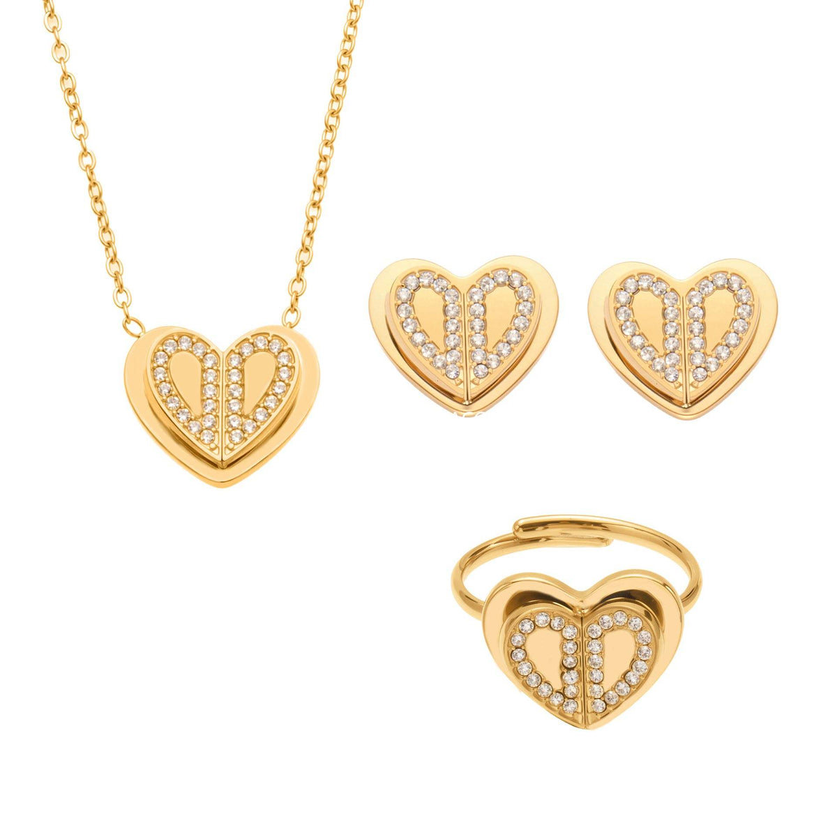 D관 - 18K 도금 스테인리스 스틸 큐빅 더블 하트 반지 귀걸이 목걸이 [TXP446] 25.10-4