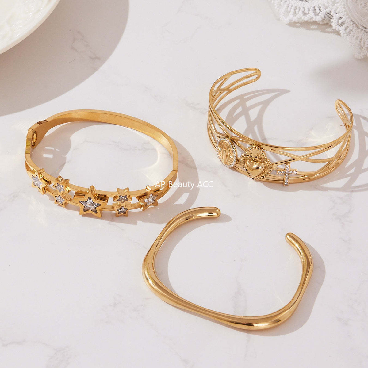 D관 - 스테인리스 18K 도금 큐빅 별 하트 비정형 팔찌 [Z500-Z501-Z502] 25.10-5