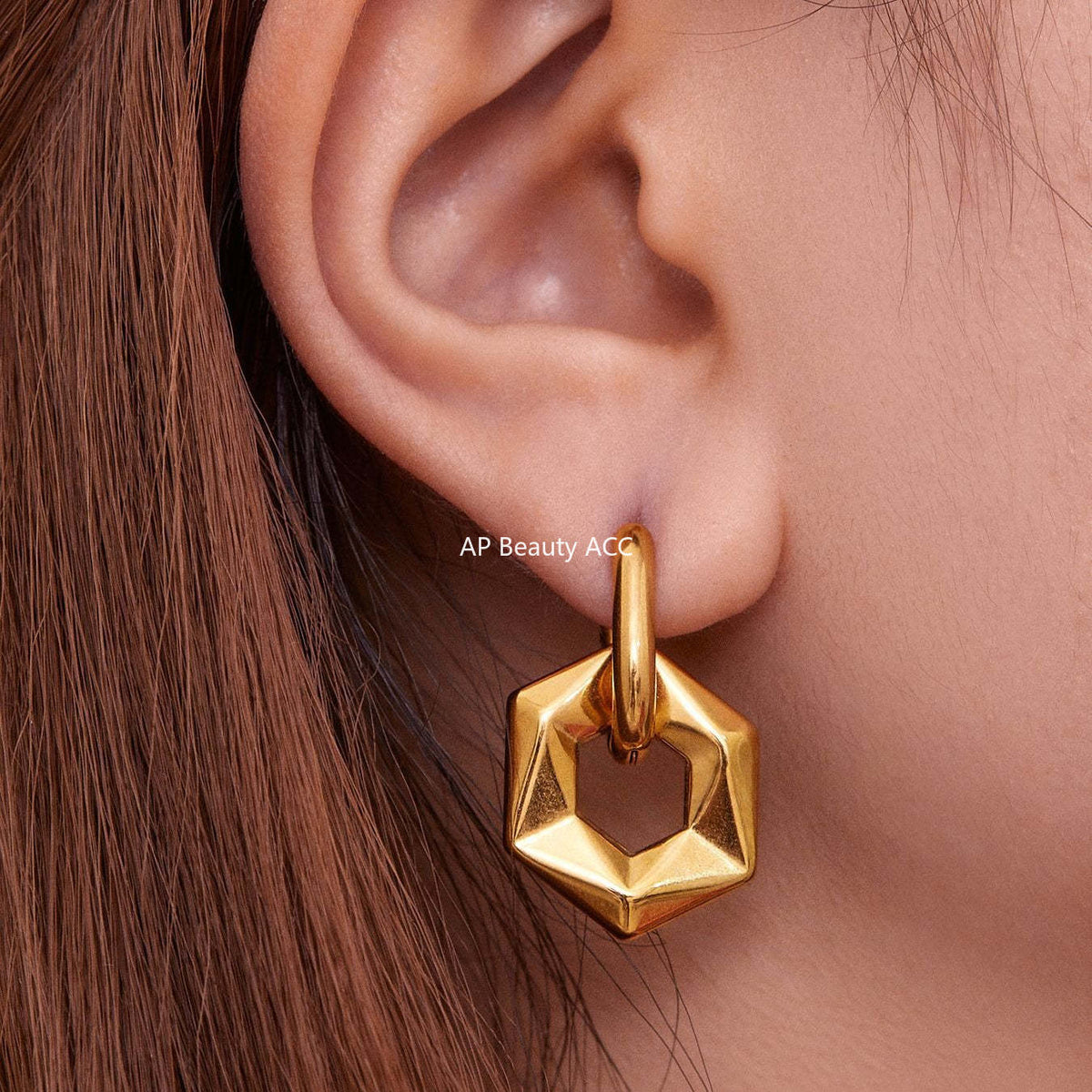 D관 - 스테인리스 18K 도금 비정형 육각형 펜던트 귀걸이 [F364] 25.10-5