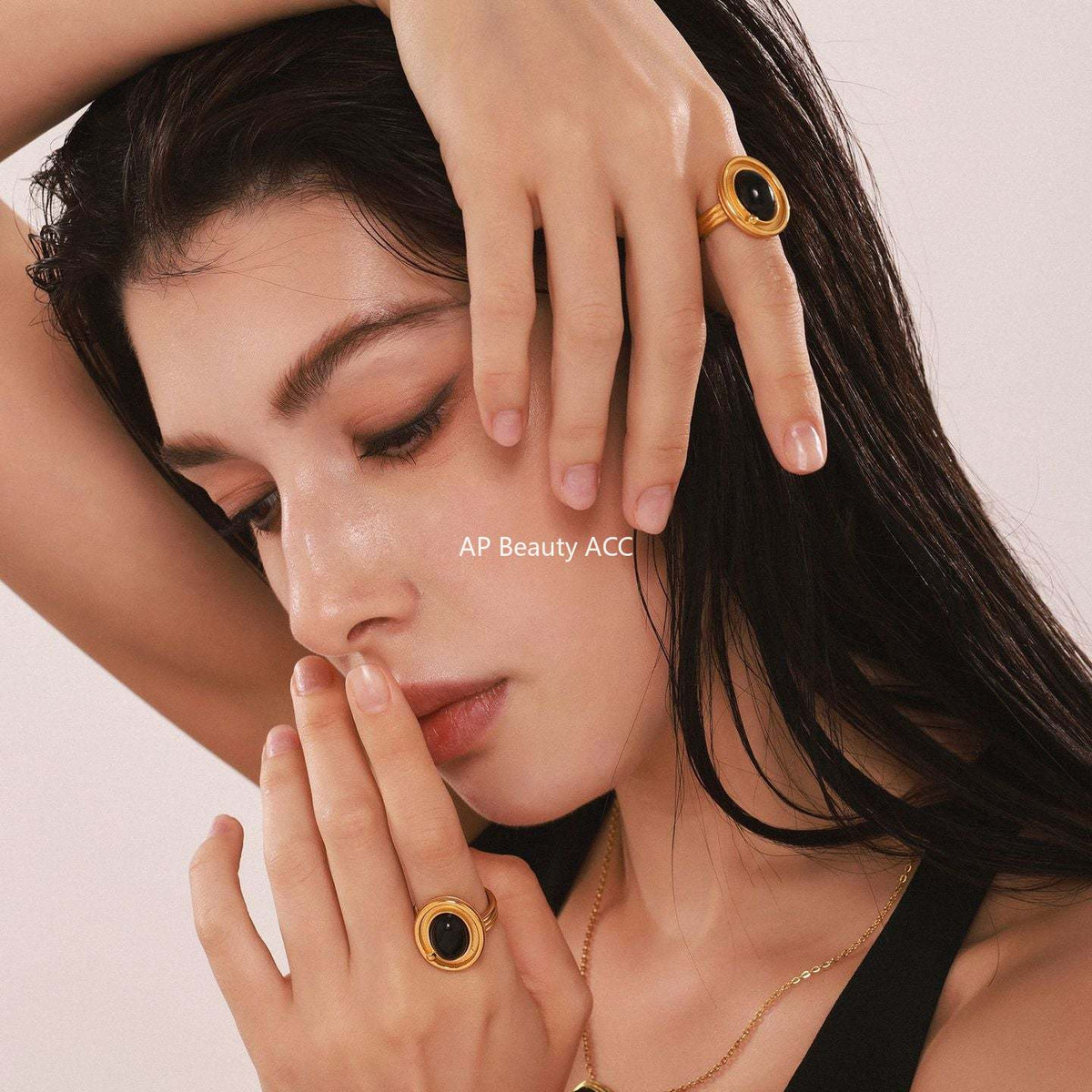 D관 - 18K 도금 타원형 블랙 오닉스 스테인리스 스틸 반지 [A686] 25.03-1