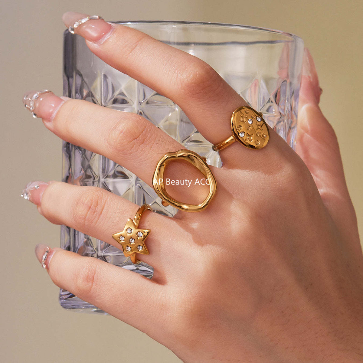 D관 - 불규칙 원형 오각별 큐빅 18K 골드 도금 오픈 반지 [A276-A335] 25.09-4