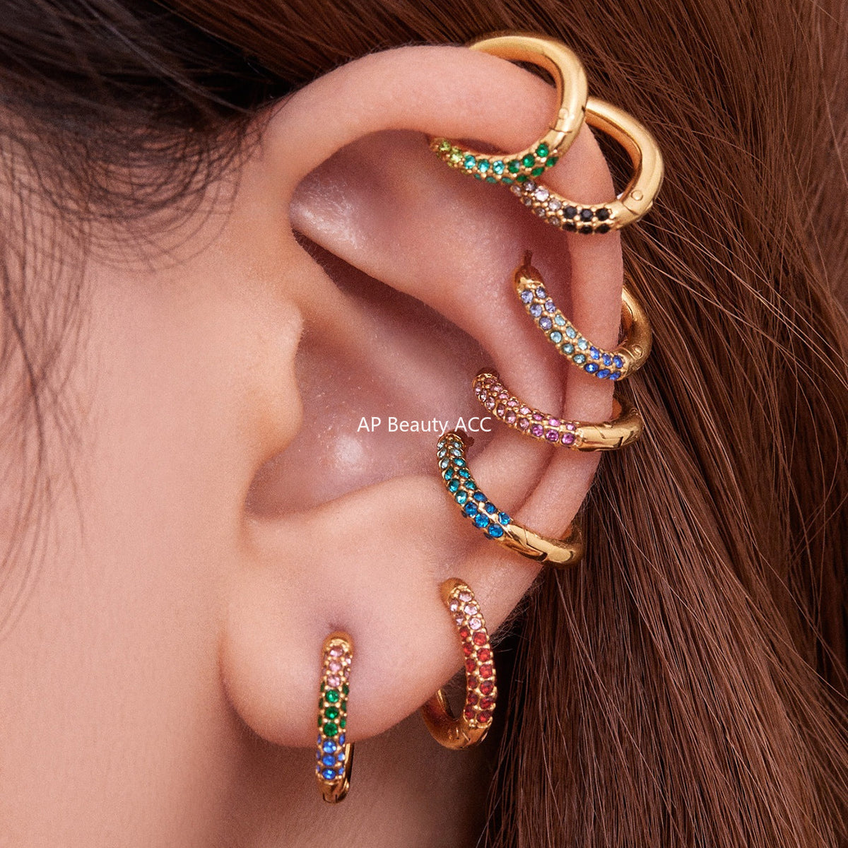 D관 - 스테인리스 18K 도금 멀티컬러 큐빅 링 귀걸이 [F752] 25.11-1