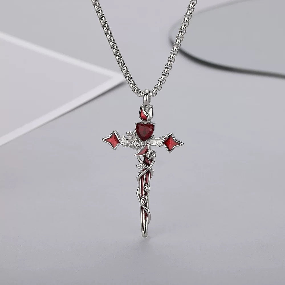 G관 - 큐빅 가시장미 십자가 하트 플라워 목걸이 [X1188] 25.10-1