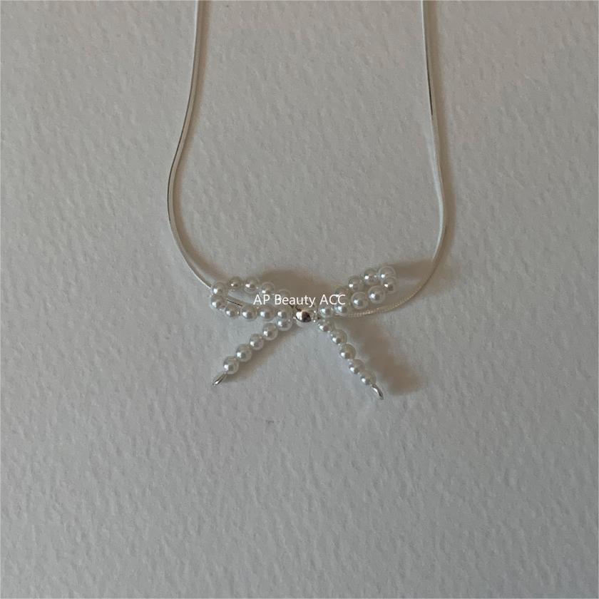F관 - 925 실버 비즈 리본 진주 목걸이 [B1233] 25.10-3