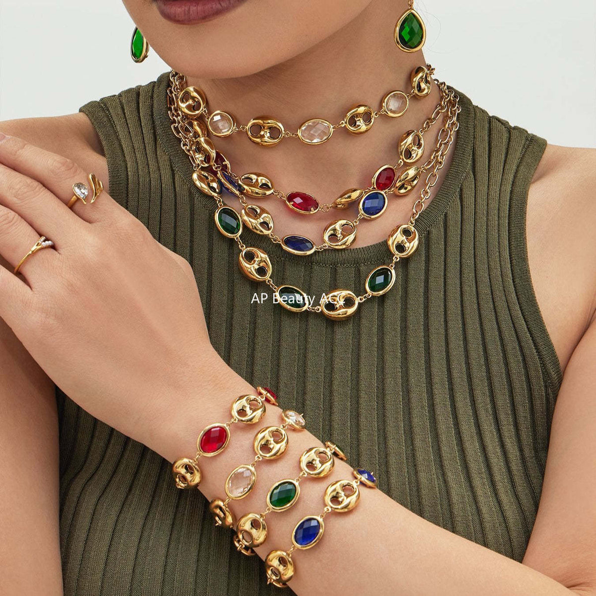 D관 - 돼지코 글라스 스톤 18K 도금 스테인리스 스틸 목걸이 팔찌 [TXP514] 25.12-2