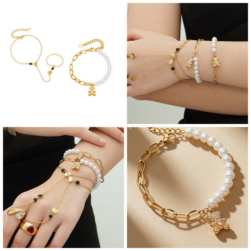 D관 - 스테인리스 스틸 18K 도금 큐빅 곰 펜던트 진주 팔찌 [E153-E162] 25.12-3