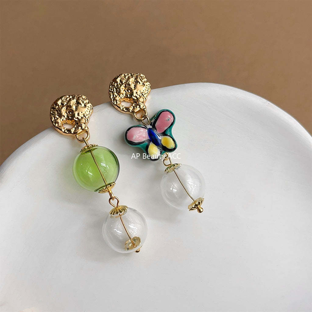 C관 - 원조 디자인 예술적인 불규칙 유리 기포 세라믹 나비 14K 도금 귀걸이 [3832] 24.04-4