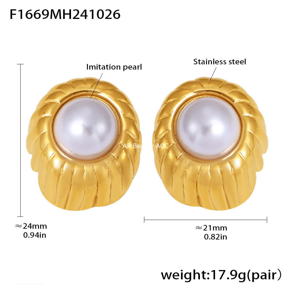 D관 - 프렌치 우아한 모조 진주 나선형 스테인리스 스틸 18K 도금 귀걸이 [F1669] 24.11-1
