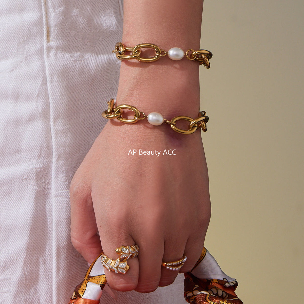 D관 - 18K 골드 도금 스테인리스 스틸 진주 핸드메이드 체인 팔찌 [E043] 25.10-1