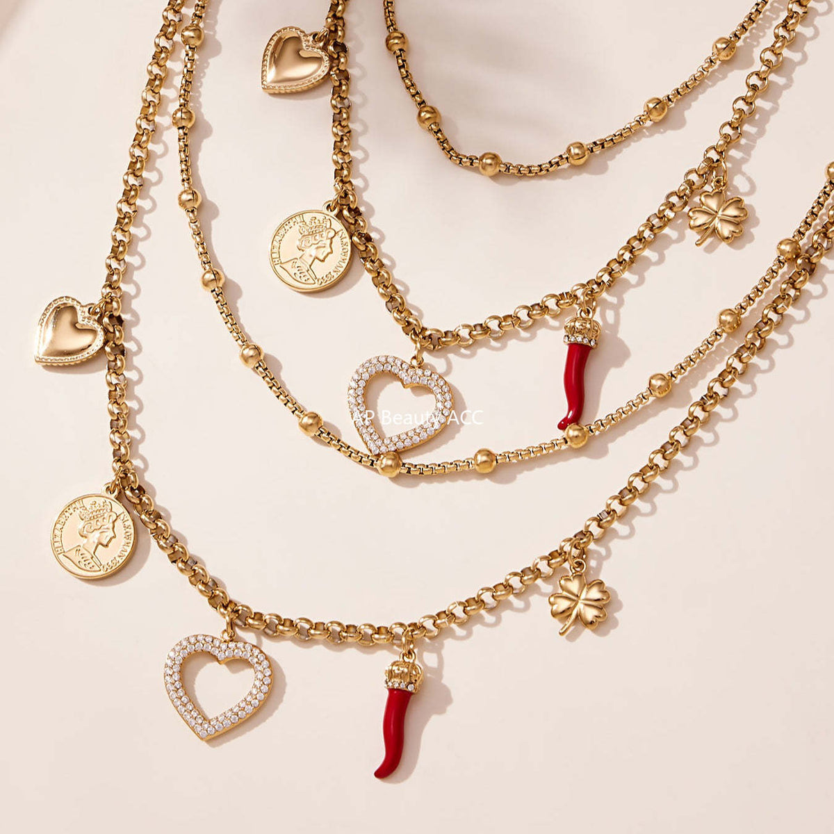 D관 - 더블 레이어 하트 큐빅 멀티 펜던트 스테인리스 목걸이 [P170] 25.11-3