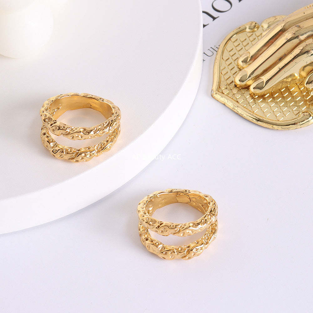 D관 - 더블 레이어 펀칭 디자인 티타늄 스틸 18K 도금 반지 [A225] 25.09-4