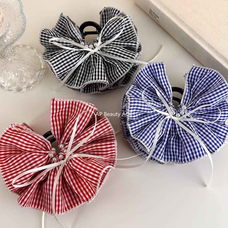 E관 - 체크 러플형 리본 대형 빈티지 집게핀 [27527] 25.10-1