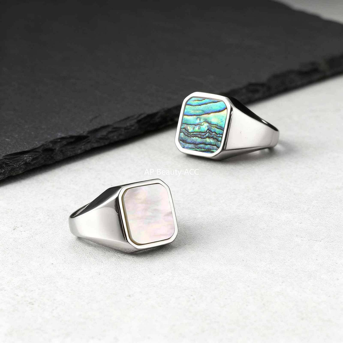 G관 - 스테인리스 스틸 전복 화이트 자개 주조 반지 [RC-207] 25.12-3