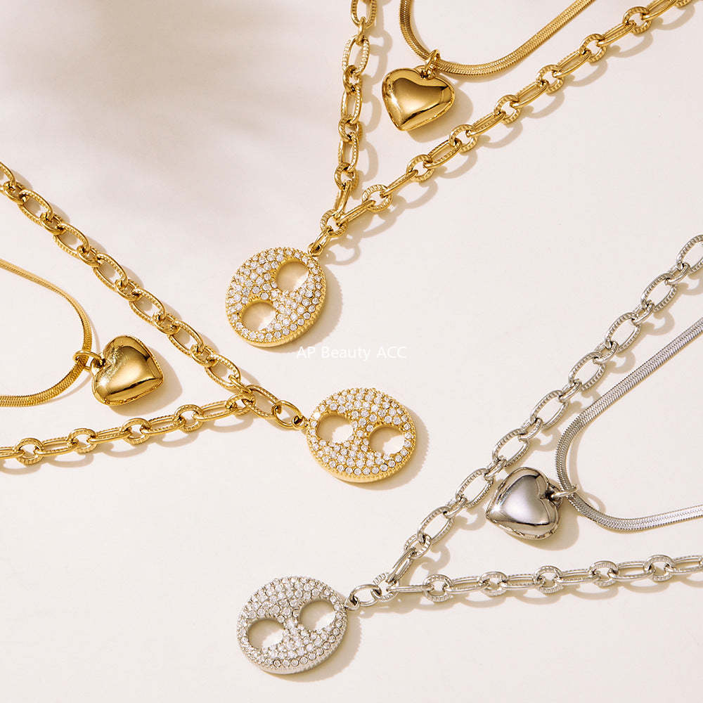 D관 - 더블 레이어 하트 큐빅 18K 도금 스테인리스 목걸이 [P100] 25.11-3