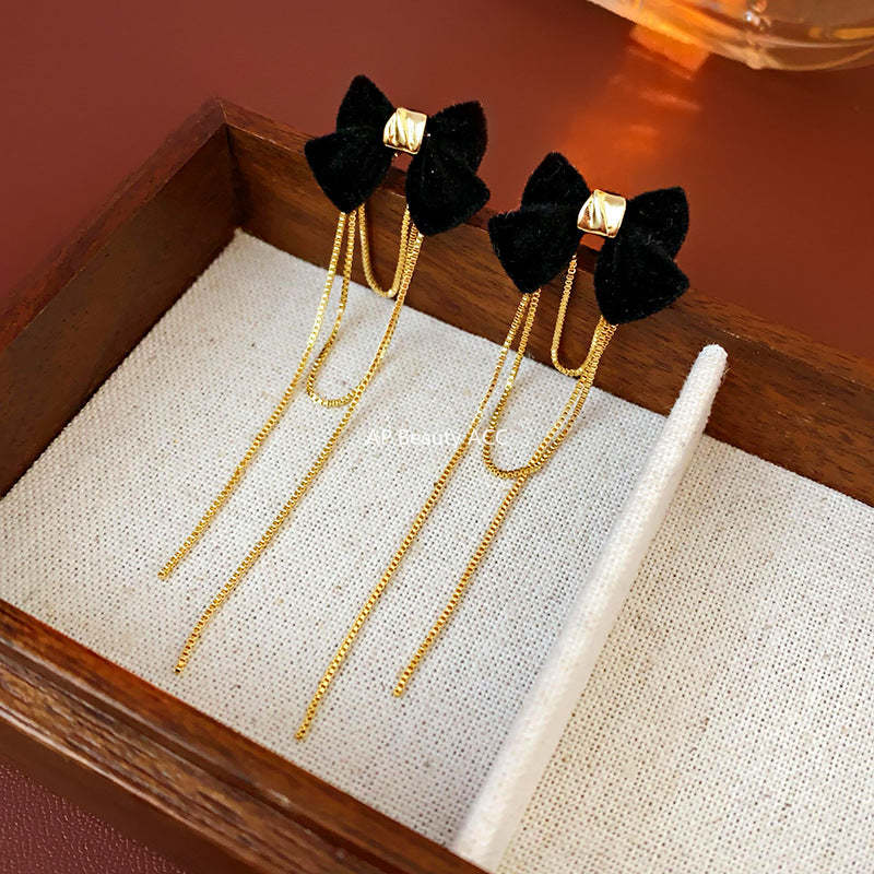 C관 - 순금 도금 은침 벨벳 리본 태슬 귀걸이 우아한 레트로 귀걸이 [E18503] 24.01-3