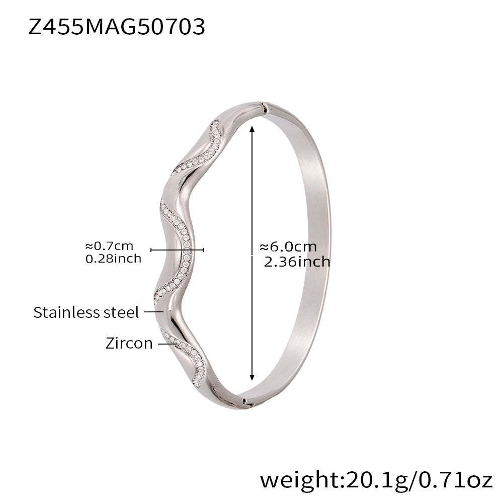 D관 - 대나무 물결 디자인 큐빅 스테인리스 스틸 18K 도금 팔찌 [Z454] 25.07-2