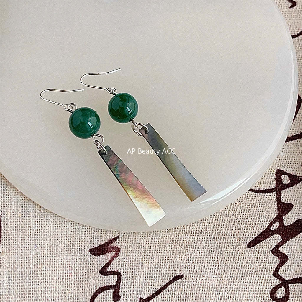 C관 - 천연석 그린 마노 핸드메이드 기하학 귀걸이 [3760] 24.04-1