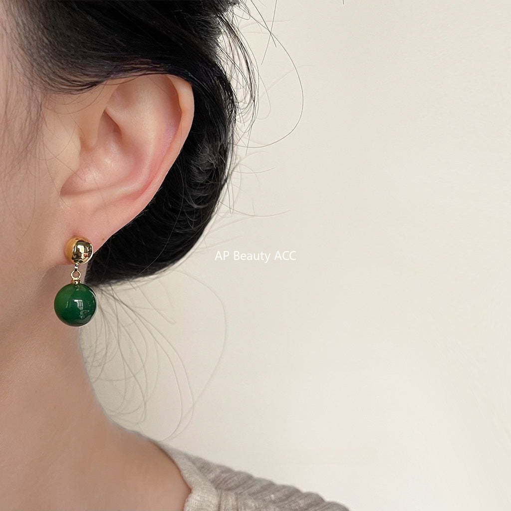 C관 - 업그레이드 14K 도금 자연석 그린 마노 고급스러운 원형 귀걸이 [3898] 24.04-4