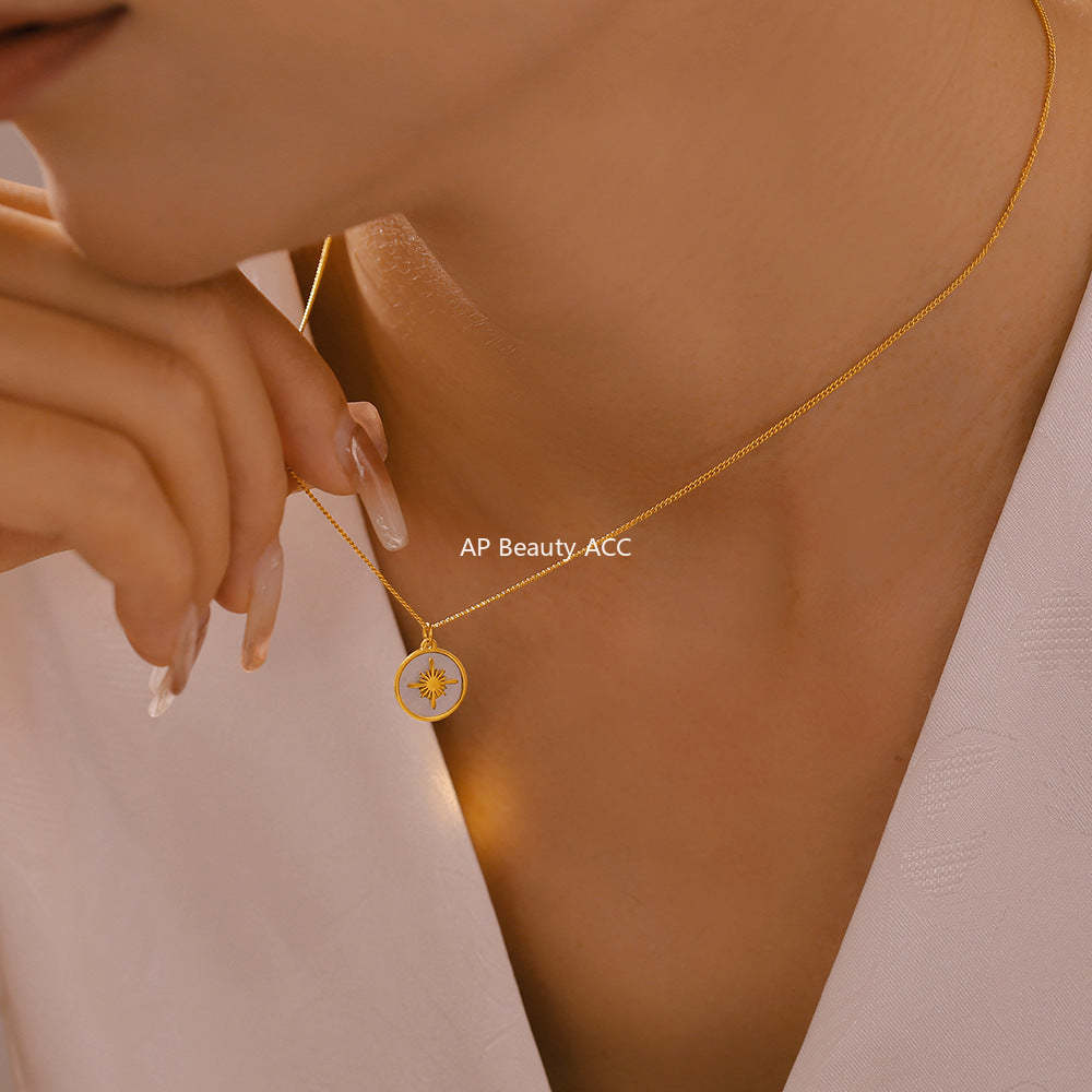 D관 - 티타늄 스틸 18K 도금 별 모양 자개 원형 펜던트 목걸이 [P530] 24.08-2