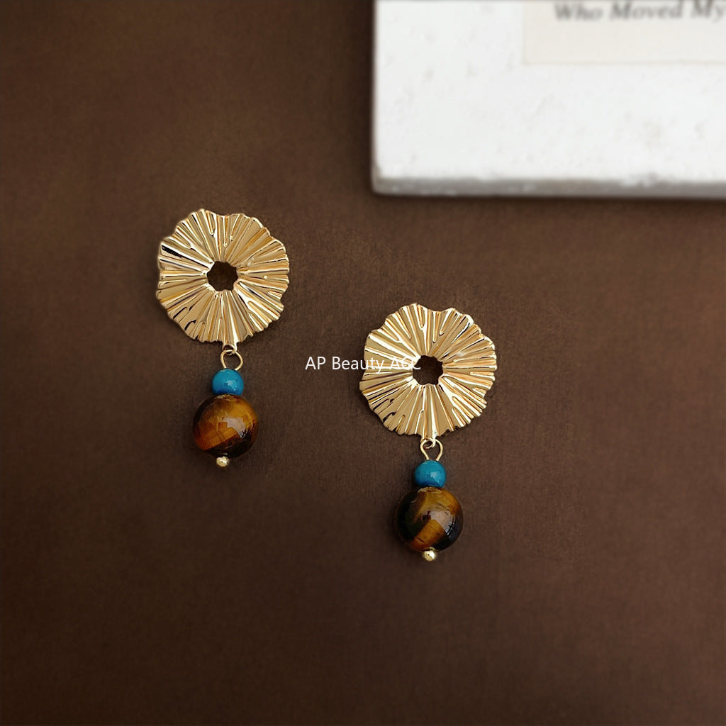 C관 - 핸드메이드 925 은침 천연 호안석 골드 원형 귀걸이 [6873] 25.10-1