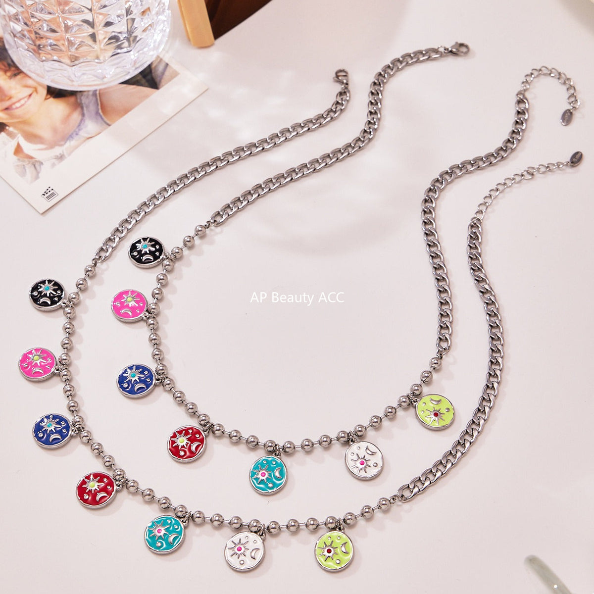 D관 - 스테인리스 스틸 에나멜 해 달 원형 펜던트 목걸이 [P158] 25.10-3