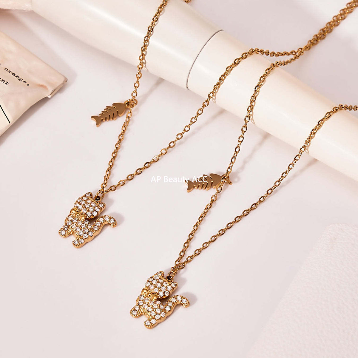 D관 - 고양이 큐빅 펜던트 스테인리스 18K 도금 목걸이 팔찌 [TXP464] 25.11-3