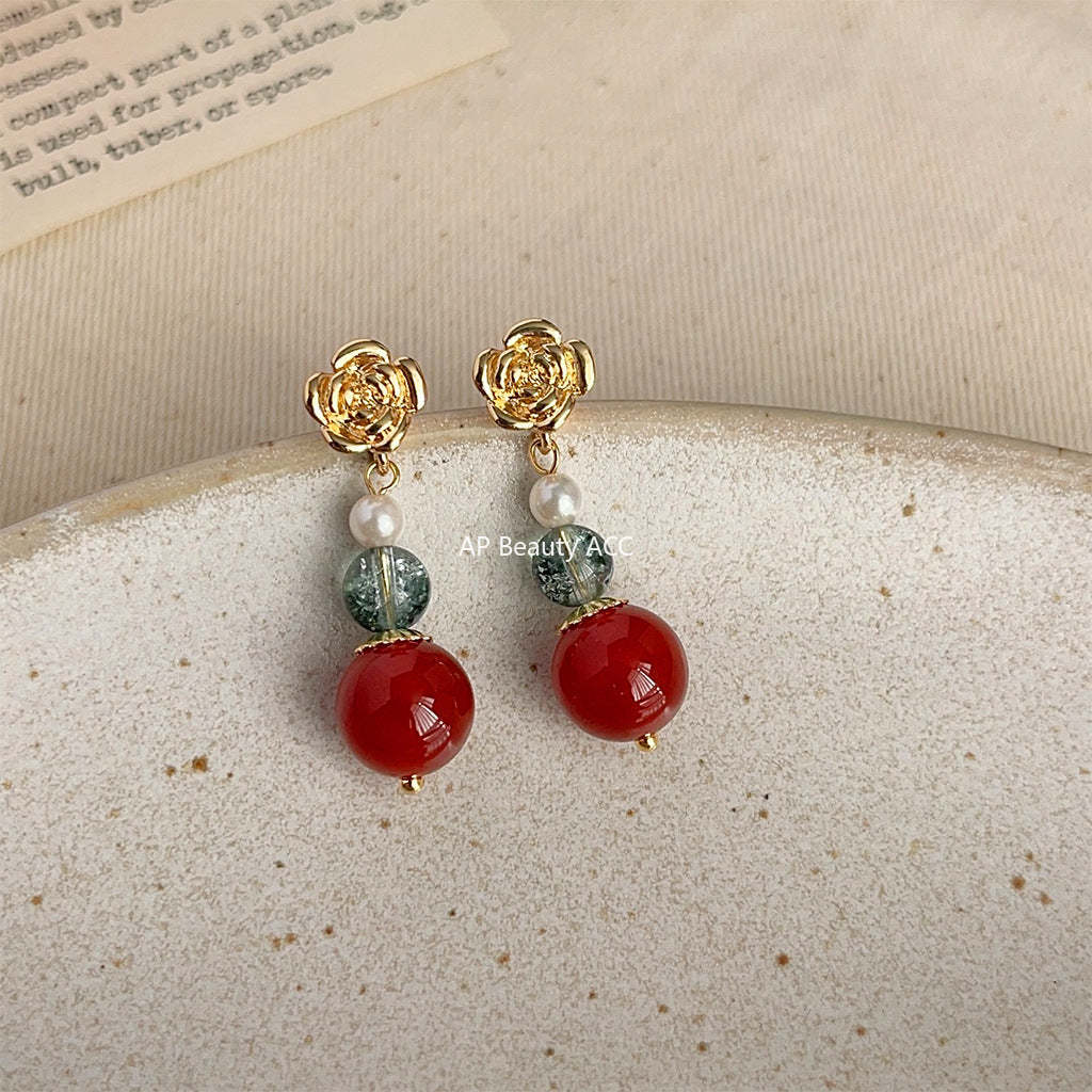 C관 - 14K 도금 홍마노 핸드메이드 복고풍 장미꽃 글라스 크리스탈 은침 귀걸이 [3759] 24.04-1