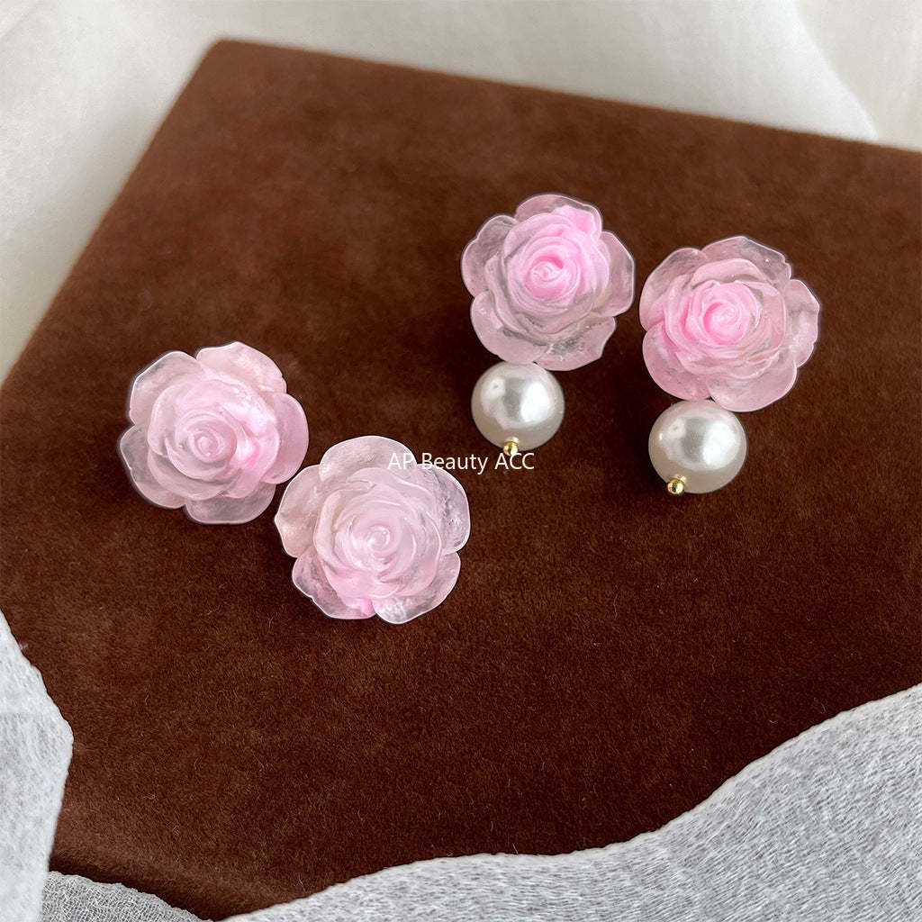 C관 - 분홍 장미 은침 스윗한 글라스 진주 14K 도금 여름 귀걸이 [4412-4413] 24.06-4
