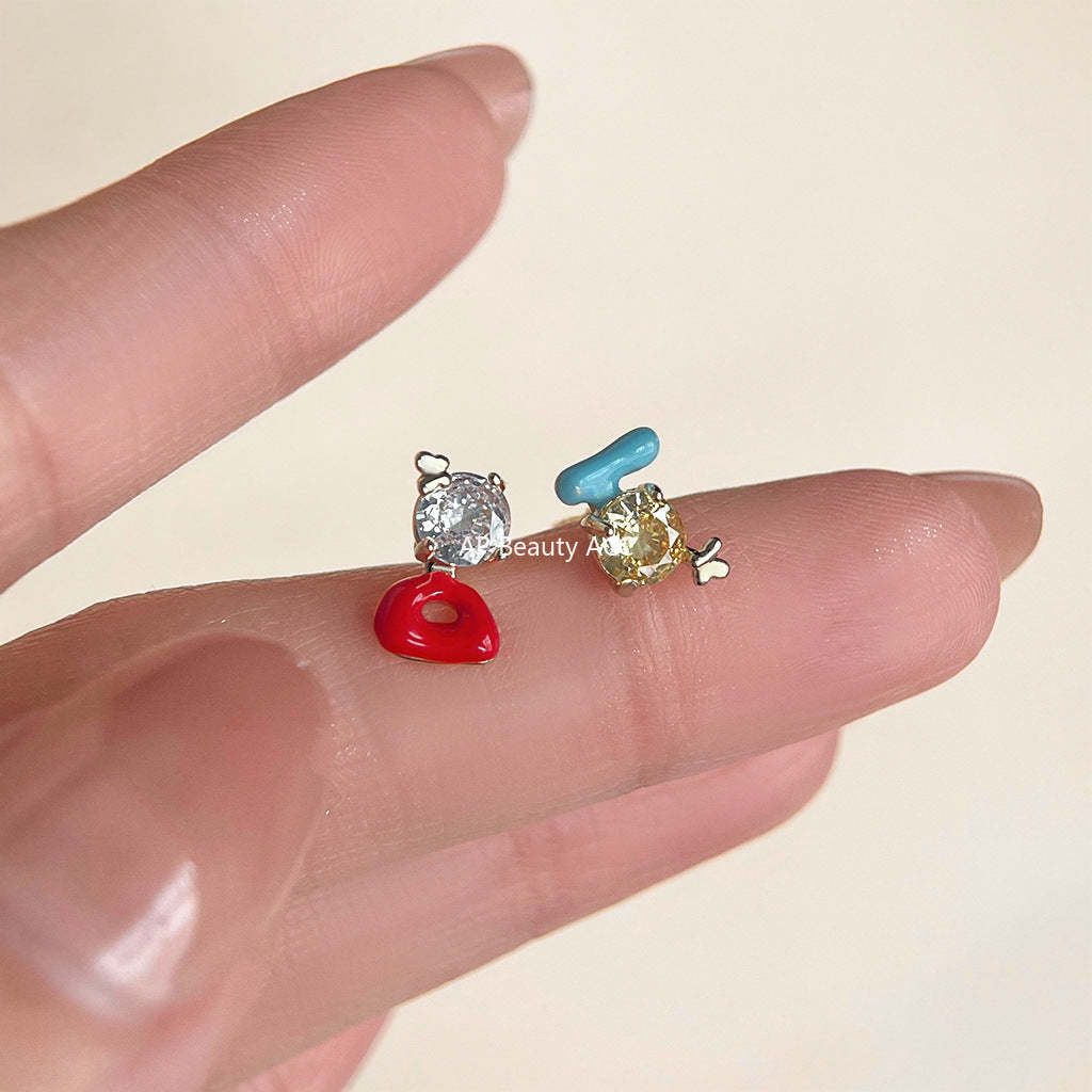 C관 - 언밸런스 에나멜 코팅 14K 도금 은침 미니 귀걸이 [5671] 25.03-1