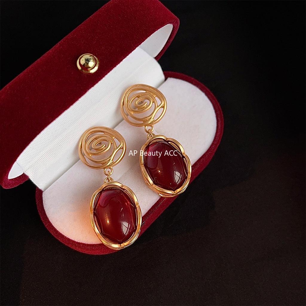 C관 - 14K 도금 홍콩 스타일 빈티지 와인 레드 타원형 에나멜 귀걸이 [3638] 24.03-4