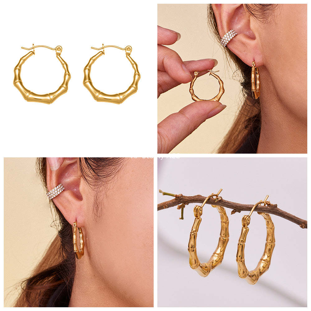 D관 - 스테인리스 18K 도금 대나무 마디 U자형 귀걸이 [F622] 25.10-5