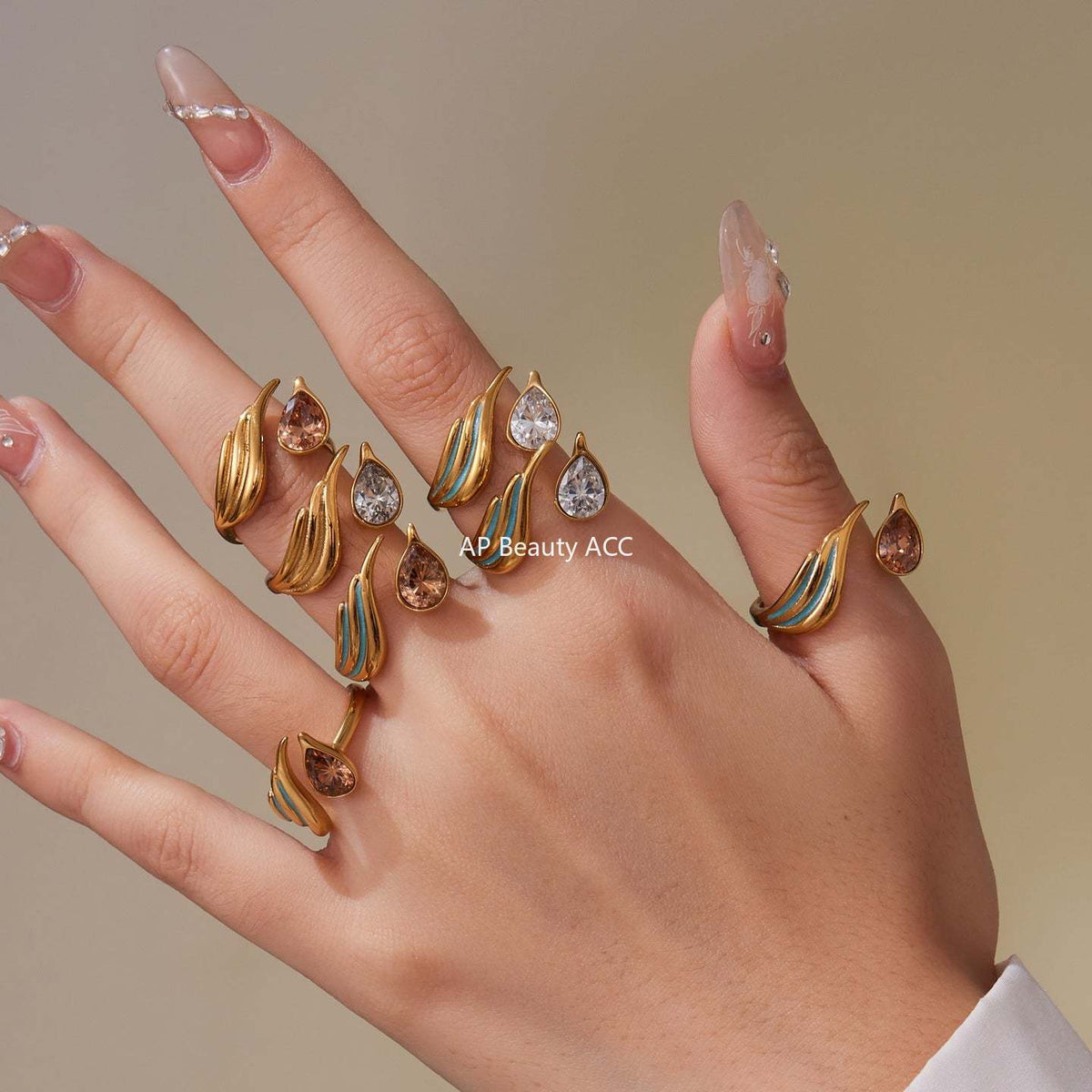 D관 - 스테인리스 스틸 물방울 큐빅 에나멜 오픈형 반지 [A508] 25.09-4