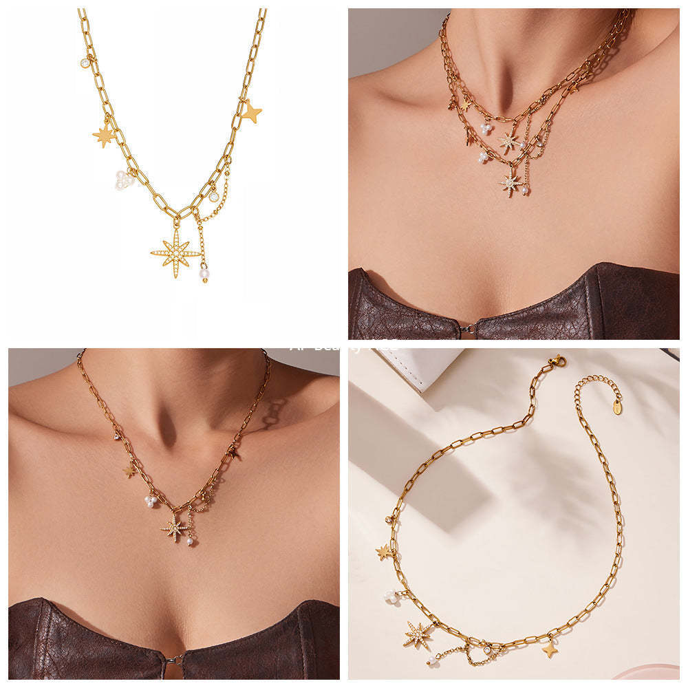 D관 - 스테인리스 스틸 팔각별 큐빅 펜던트 18K 도금 핸드메이드 목걸이 [P1154] 25.11-4