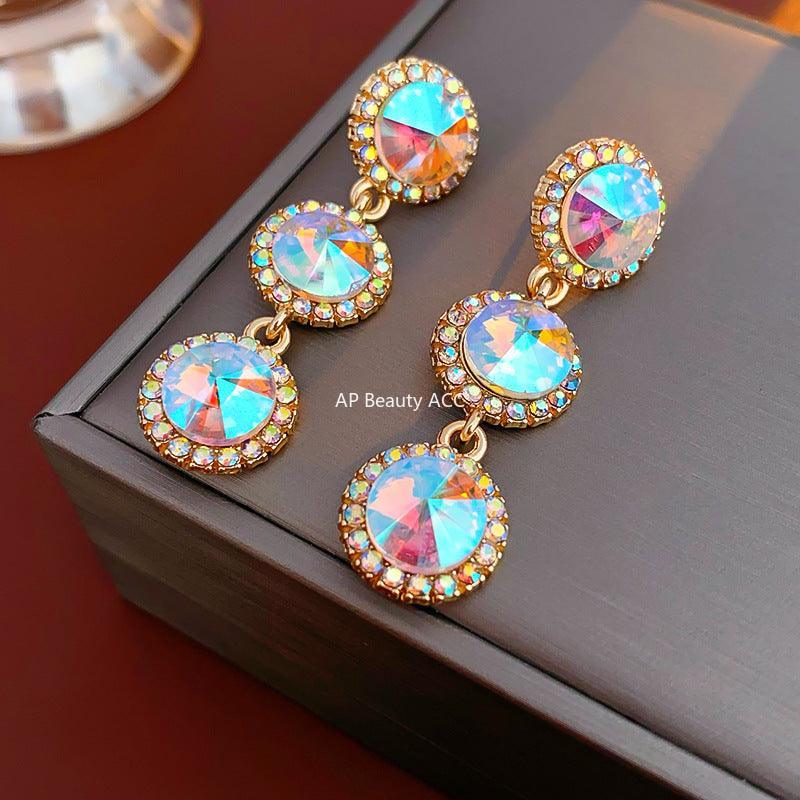 C관 - 실버 큐빅 롱 원형 컬러 크리스탈 유럽풍 모던 귀걸이 [E5450] 24.02-1