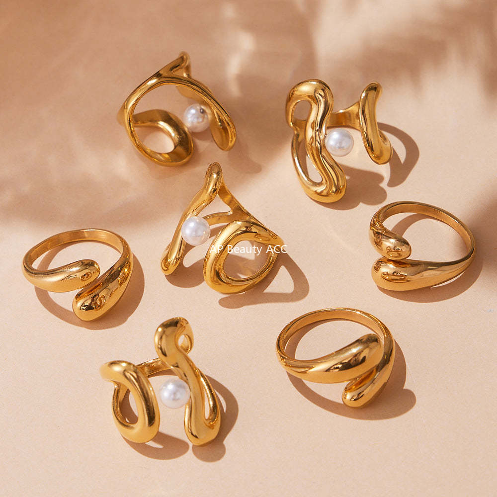 D관 - 스테인리스 스틸 기하학 라인 진주 오픈형 반지 [A388-A645] 25.09-4