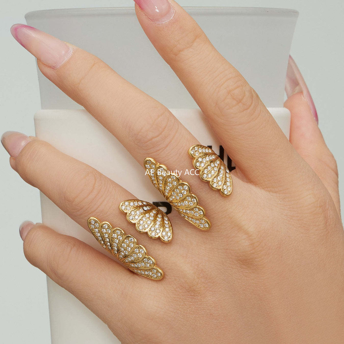 D관 - 스테인리스 스틸 18K 도금 큐빅 날개 모양 오픈형 반지 [A386] 25.12-3