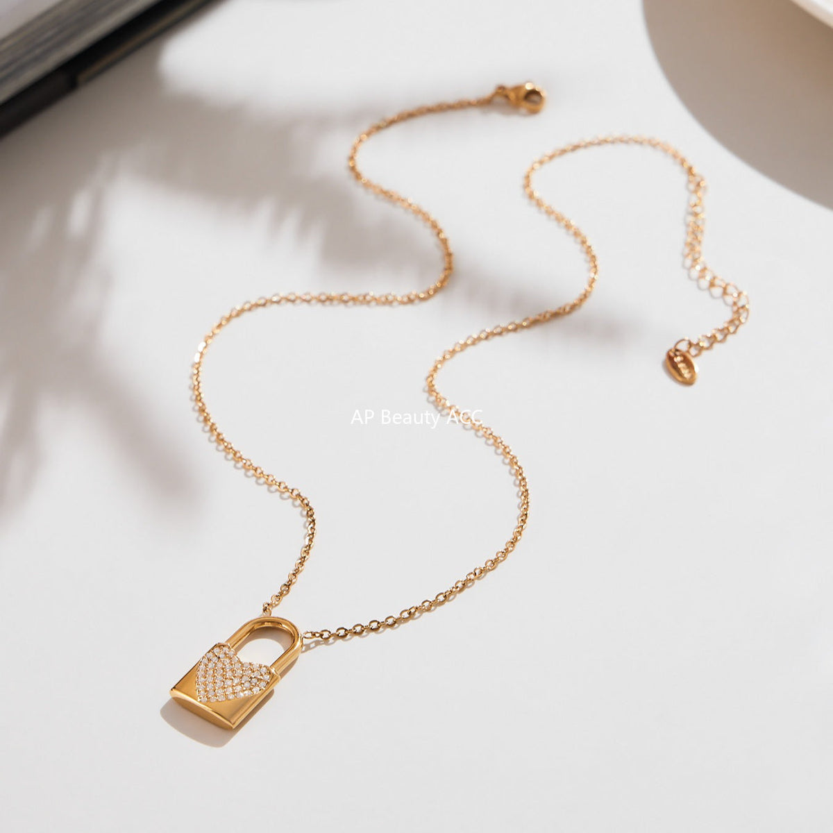 D관 - 18K 골드 도금 스테인리스 스틸 큐빅 하트 자물쇠 펜던트 목걸이 [P061] 25.10-1