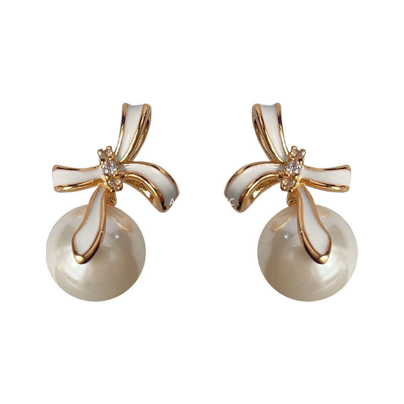 C관 - 14K 도금 미니 큐빅 오일 코팅 리본 귀걸이 고급스러운 글라스 진주 귀걸이 [3874] 24.04-4