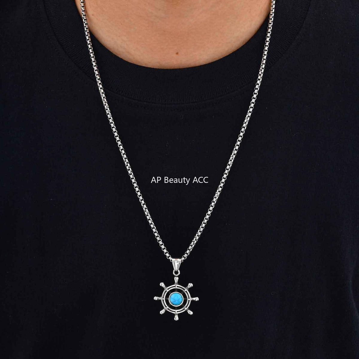 G관 - 스테인리스 터키석 조타기 모양 펜던트 목걸이 [PN-2234] 25.11-2