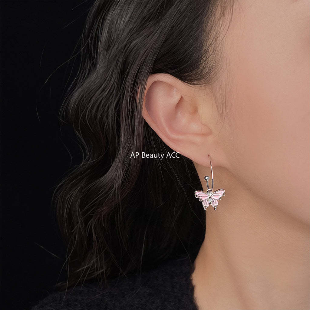 C관 - 핑크 버터플라이 러블리 오일코팅 은침 귀걸이 [5678] 25.03-1