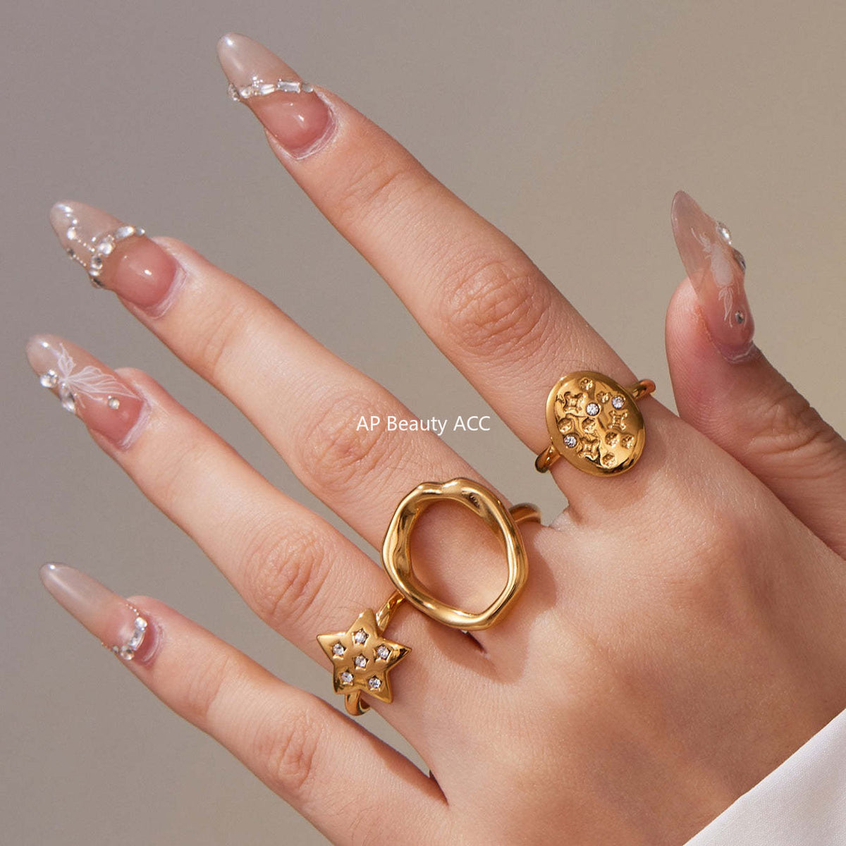 D관 - 불규칙 원형 오각별 큐빅 18K 골드 도금 오픈 반지 [A276-A335] 25.09-4