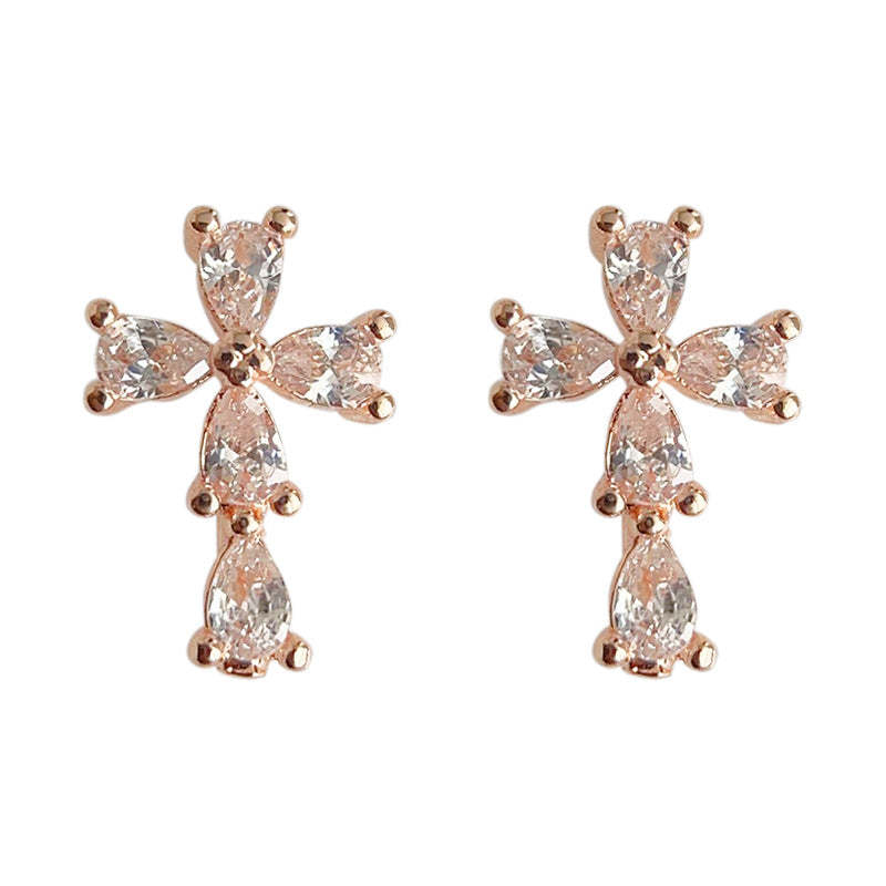 C관 - 미니 큐빅 십자가 로즈 골드 도금 은침 귀걸이 [3736] 24.04-1