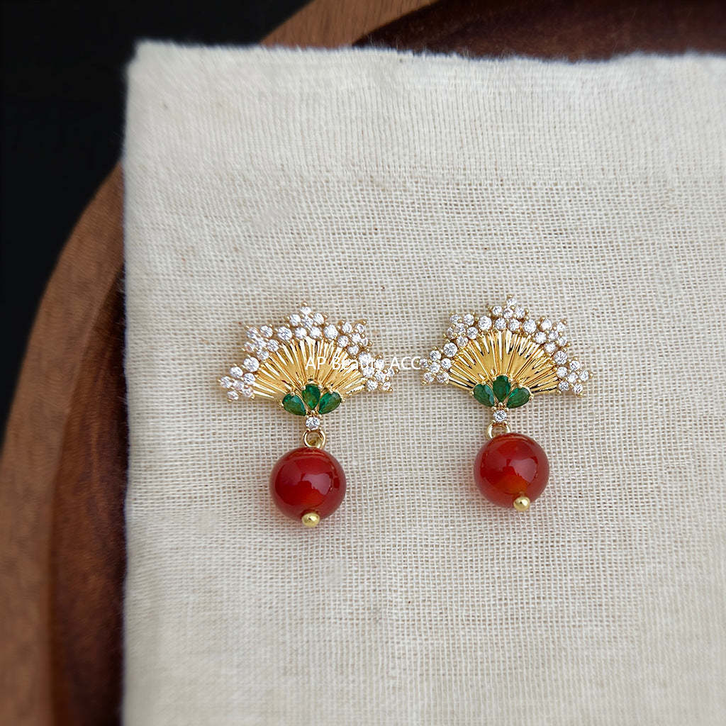 C관 - 925 은침 홍마노 부채 디자인 미니 큐빅 귀걸이 [7041] 25.11-1