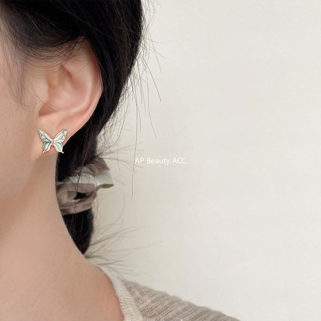 C관 - 숲 속 스타일 귀엽고 스윗한 오일 코팅 나비 귀걸이 14K 도금 은침 귀걸이 [3822-3823] 24.04-4