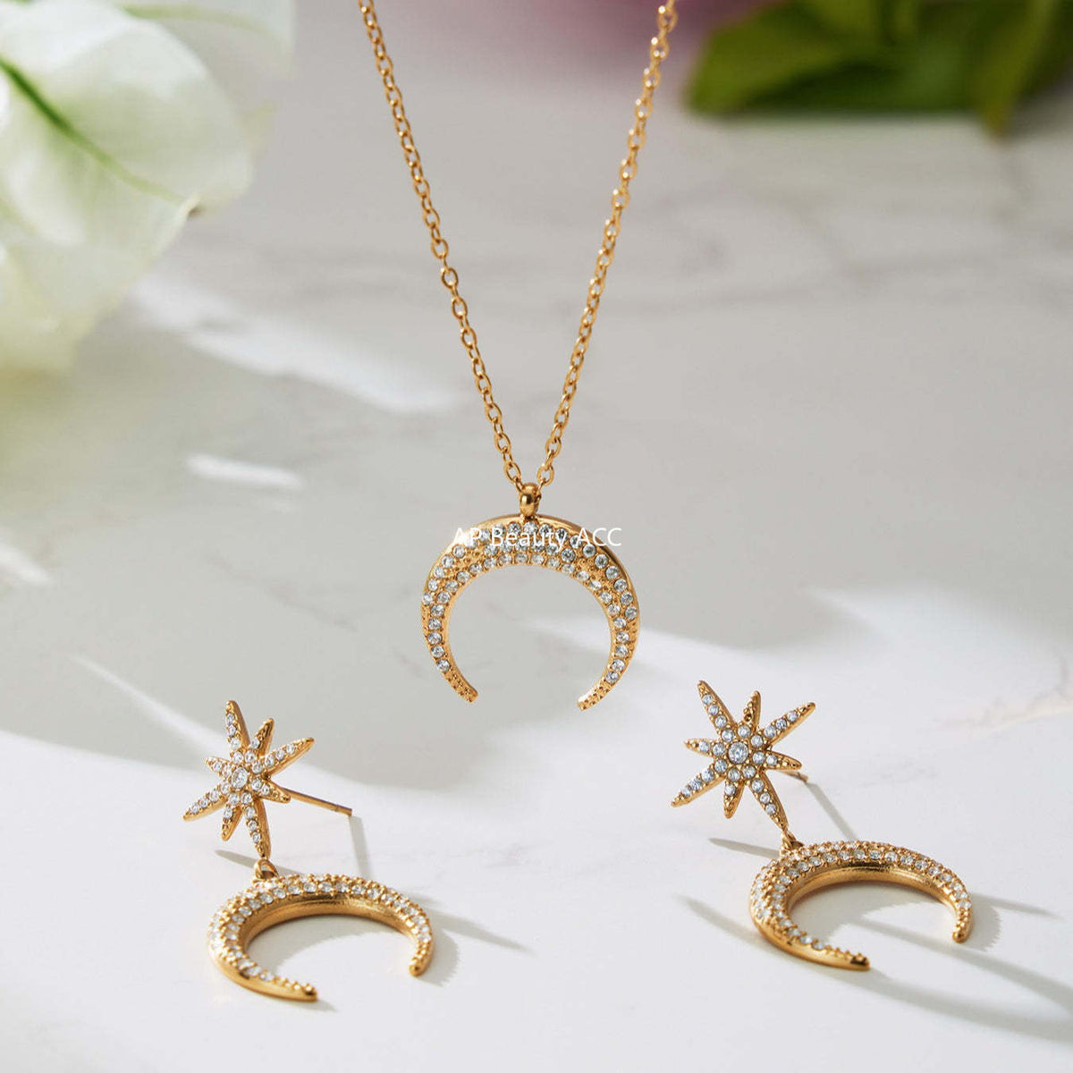 D관 - 스테인리스 스틸 팔각별 초승달 큐빅 펜던트 귀걸이 목걸이 [TXP485] 25.11-4