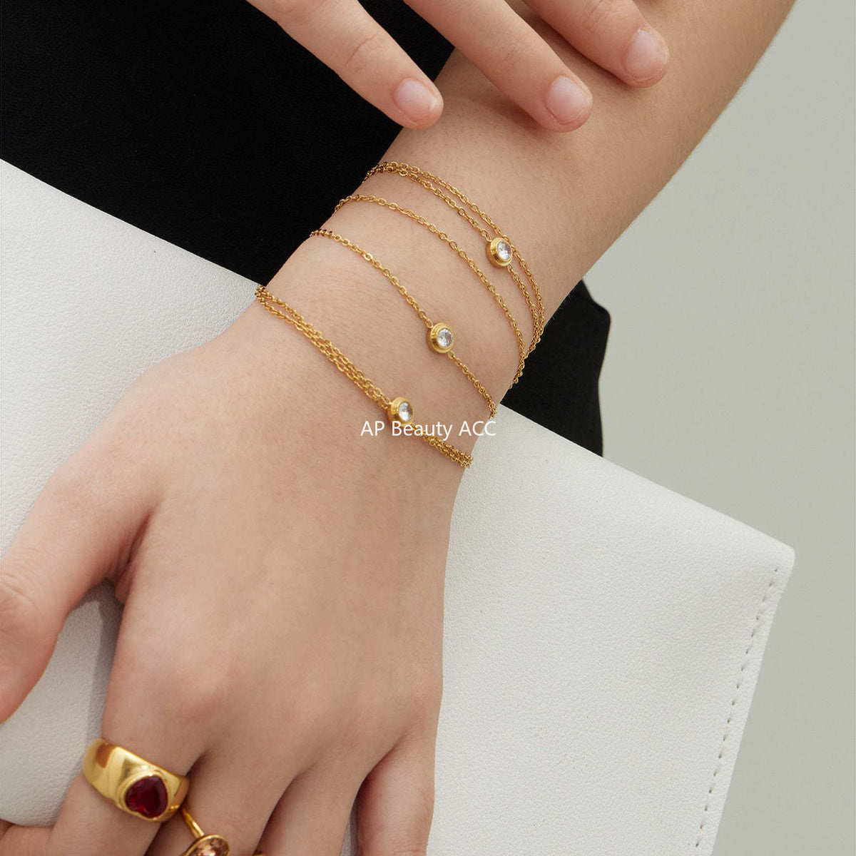 D관 - 스테인리스 스틸 18K 도금 원형 큐빅 더블 레이어드 팔찌 [E198] 25.12-3